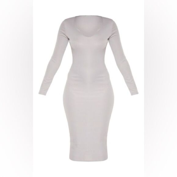Chic Comfort: PrettyLittleThing Gray Raw Edge Long Sleeve Rib Midi Dress - Picture 4 of 4